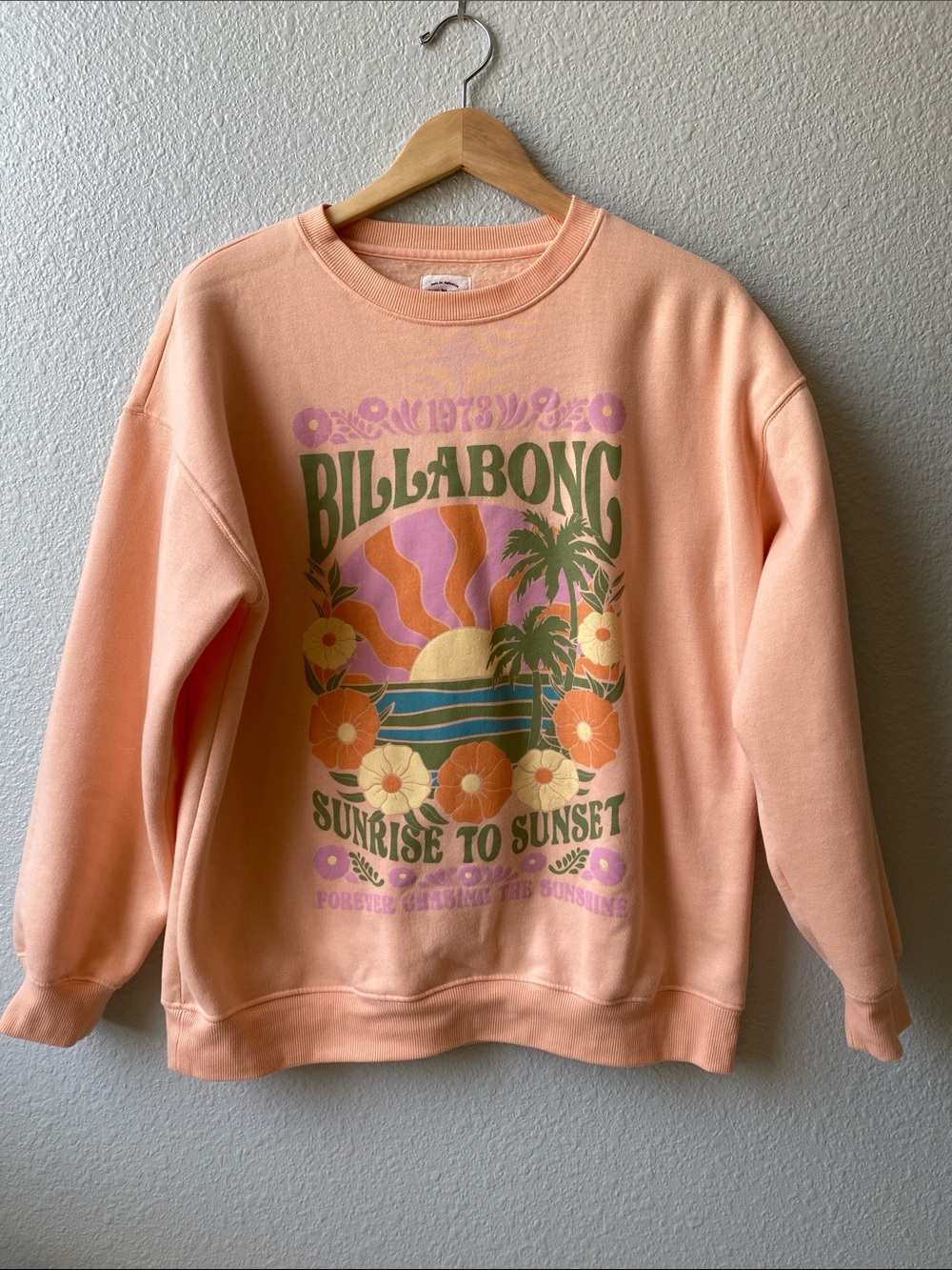 Billabong Peach Graphic Crew Sweatshirt with Floral Sunrise Print